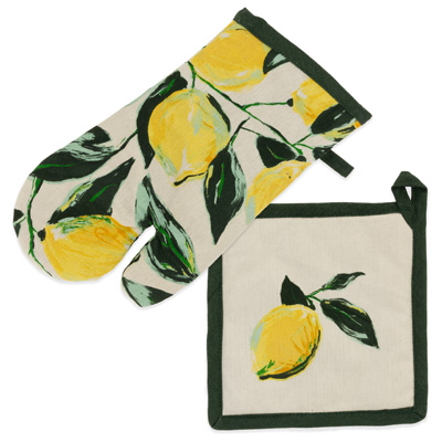 Oven Mitt And Pot Holder Set Painterly Lemons